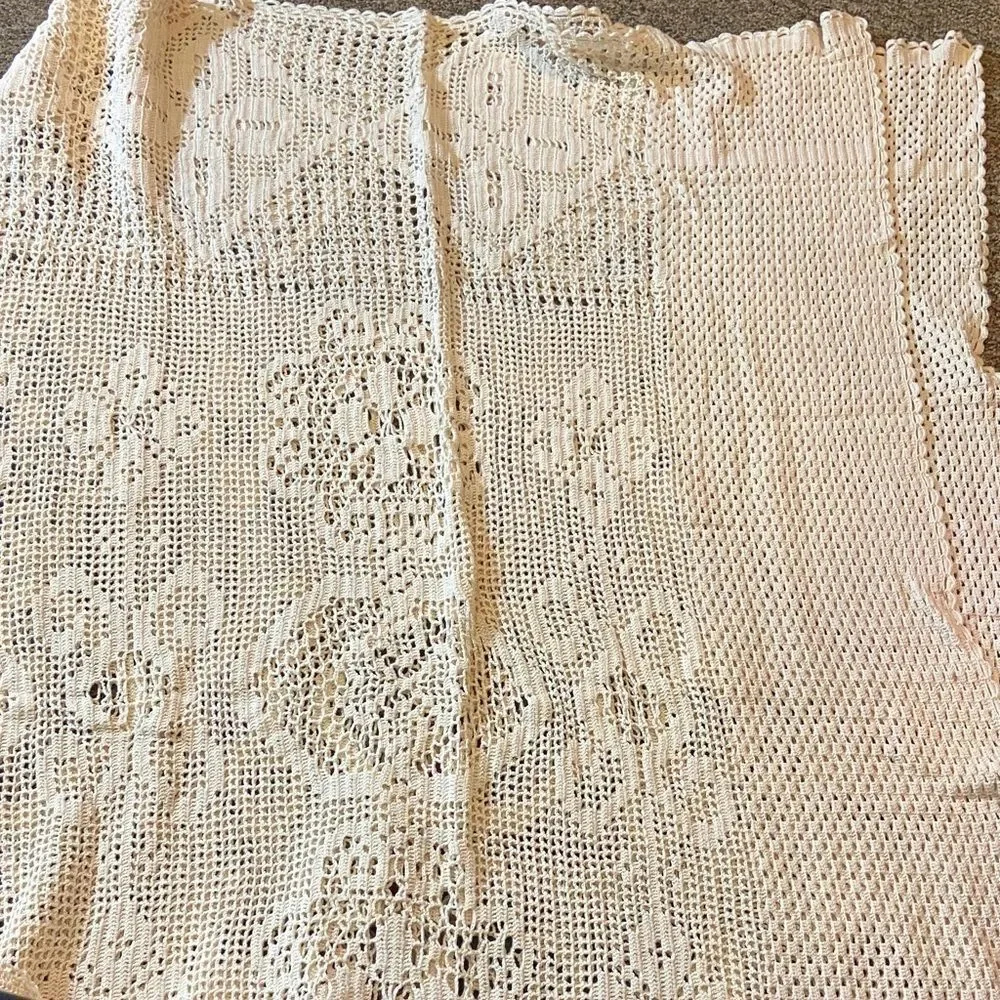 VTG,Specially Handmade By Joyce Cream Crochet Lace Fabric Size 86”X65” Approxi,!